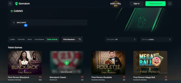 Gamdom Casino Live Baccarat Game Interface