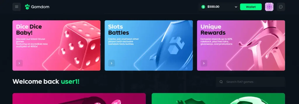 Interfaccia di Gamdom casino