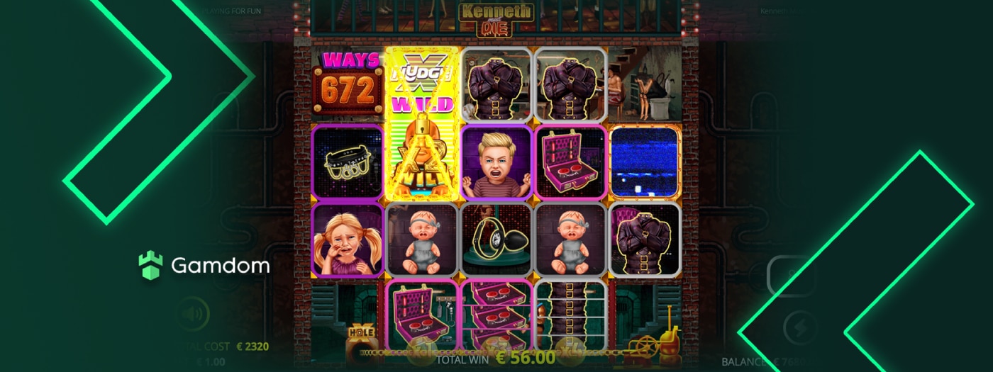 A colorful slot game interface showing various character symbols and a potential winning line.