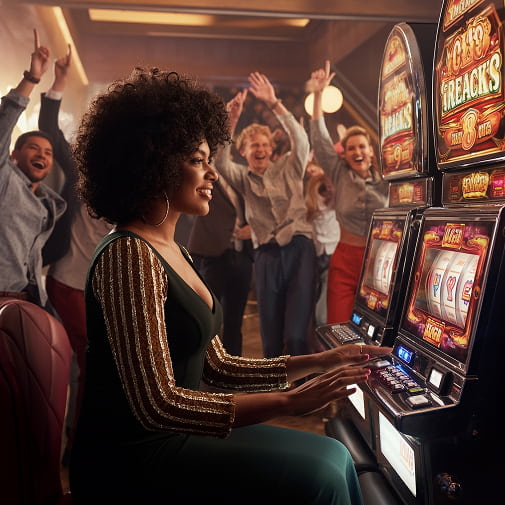 Happy woman playing on a slot machine at Gamdom